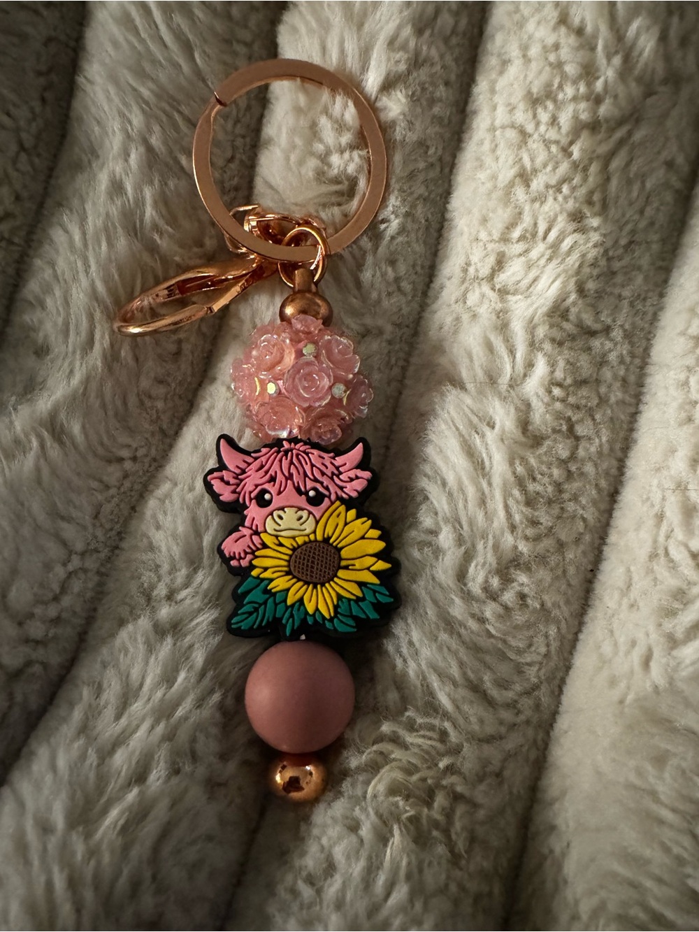 Pink Highland Cow Keychain with Sunflower Charm